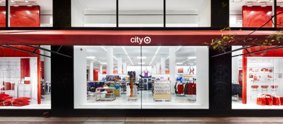 Custom Perforated Red Panels Create Window Centerpieces at Chicago State Street City Target
